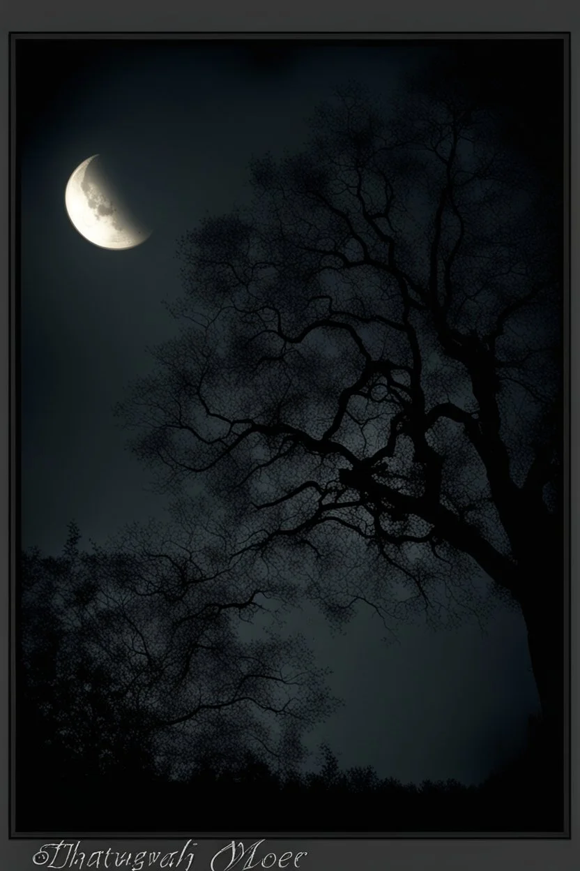 Night, tree leaves, moon, clouds, creepy gothic movies influence, photography