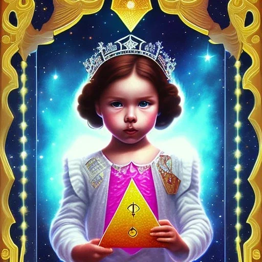 pequeña niña en un espacio liminal, holding a big card in her hands depicting the king of diamonds