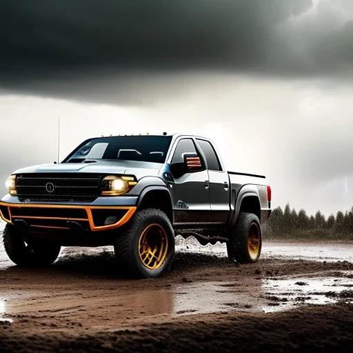 hyperrealistic shot, muddy 4x4 truck, monotone color palette, sharp focus, puddle reflec1tion, fast tire mud splash, refraction, mist on the horizon, thunder and lightning, overcast shadow, detailed and intricate, cinematic composition, 8k, micro, tilt shift photography, bokeh