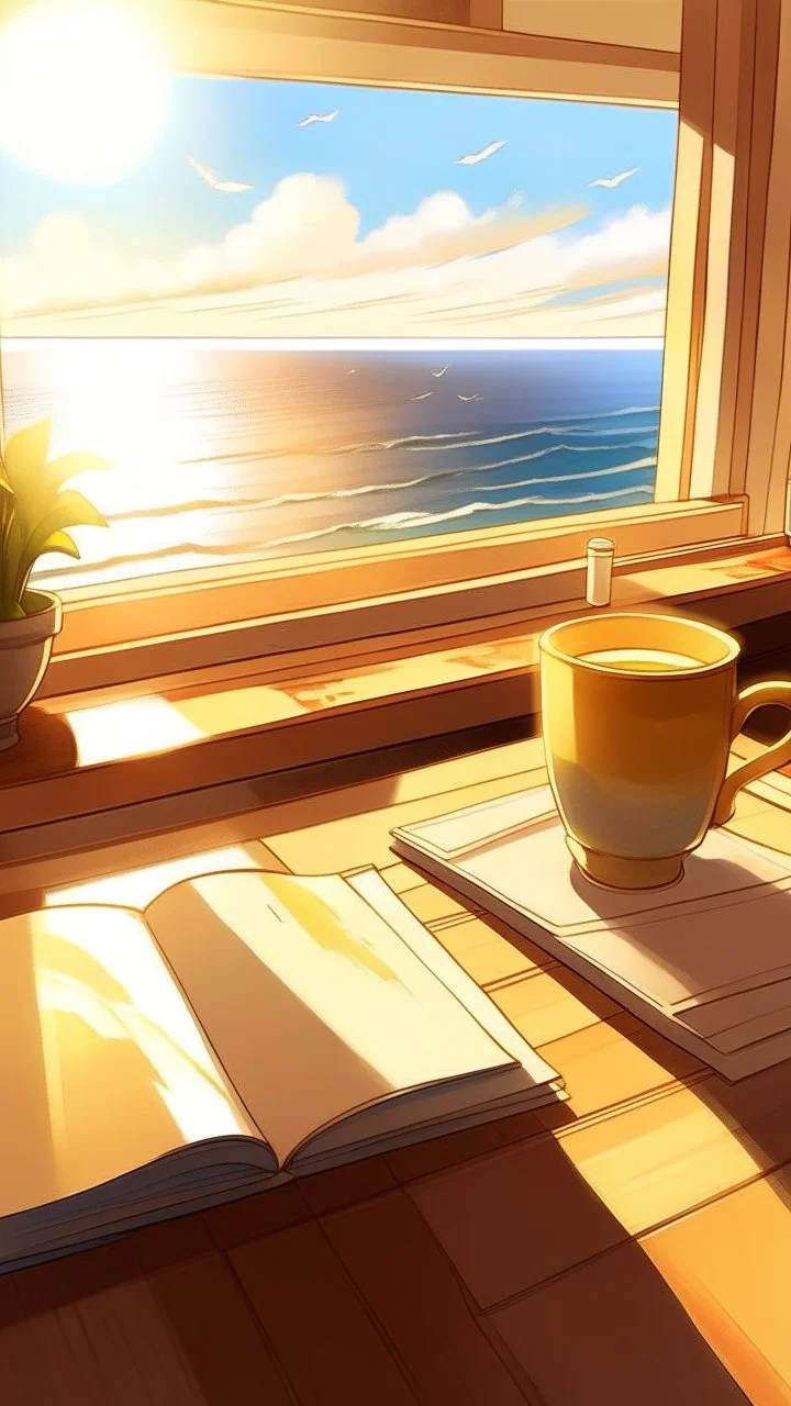 A cup of coffee with sunlight coming through the window beyond the table, golden proportions, fake details, trendy pixiv fan boxes, and the sea out the window.