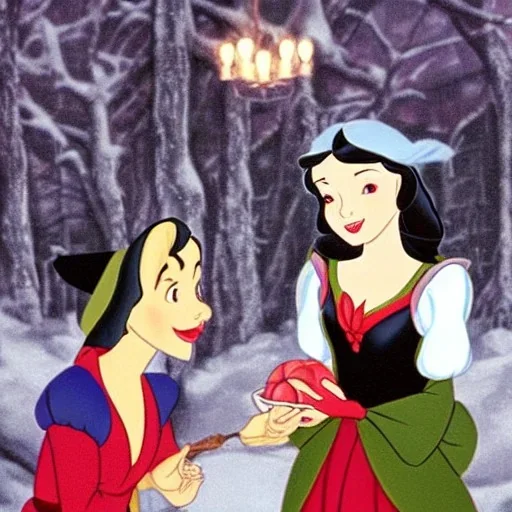 Snow White meets a witch selling poisoned apples