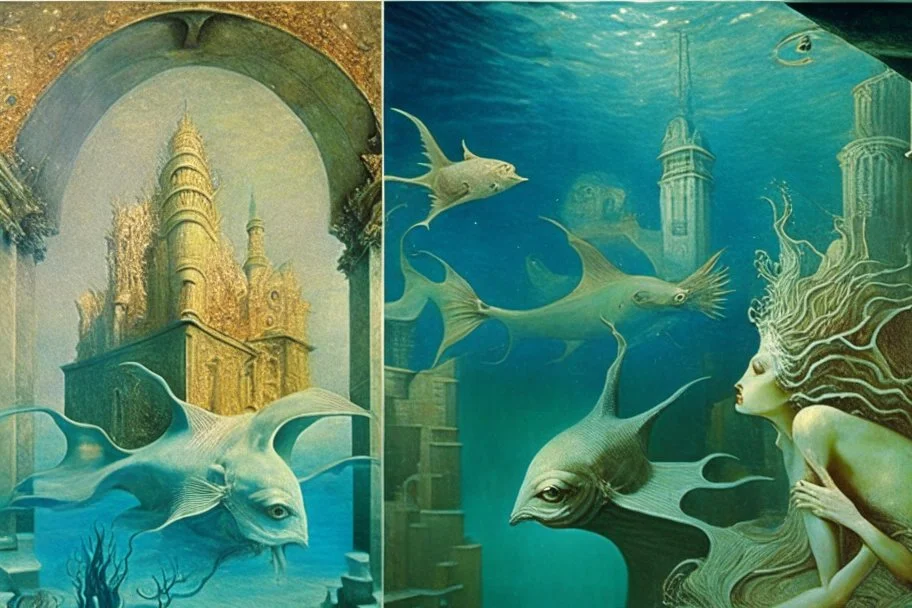 Mermaids in underwater city by "Leonora Carrington" and "Max Ernst" and "Michelangelo da Vinci!