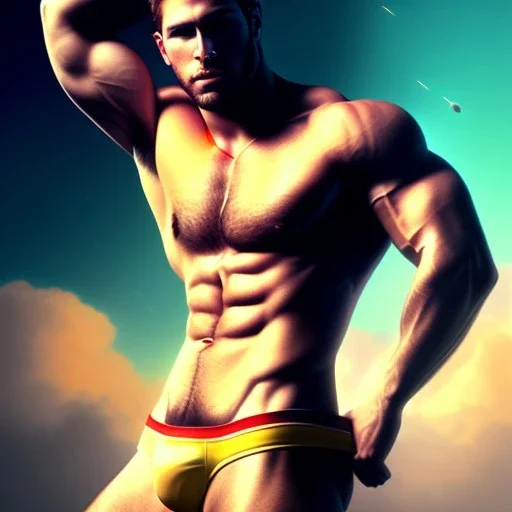 Ignore NSFW, teenager young rugged attractive slightly muscular fantasticly handsome blonde man, red briefs with yellow belt, hairy chest, (((visibly pisssing))) briefs, large erect visible boner peniss, photorealistic, artist Jay Anacleto, soft lighting, scruffy beard