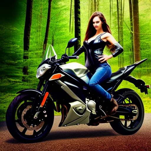 Very attractive woman sitting on a motorcycle. The bike is Yamaha. In the background is a forest. Realistic details. Photorealistic. 4K.