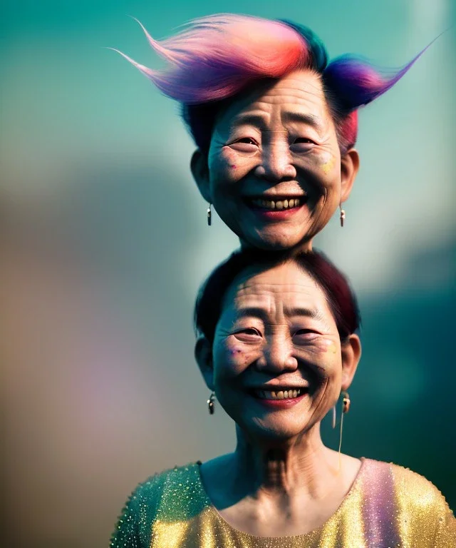 Ultra Realistic photo, medium shot view, drunken sweet dancer old Asian woman, carnival scene, monster hair, steampunk style. Red hair, confeti, smile, happy, festival, ovnis, gradient color fog. highly detailed, concept art, unreal engine 5, ray tracing, RTX, lumen lighting, ultra detail, volumetric lighting, 3d, finely drawn, high definition, high resolution.