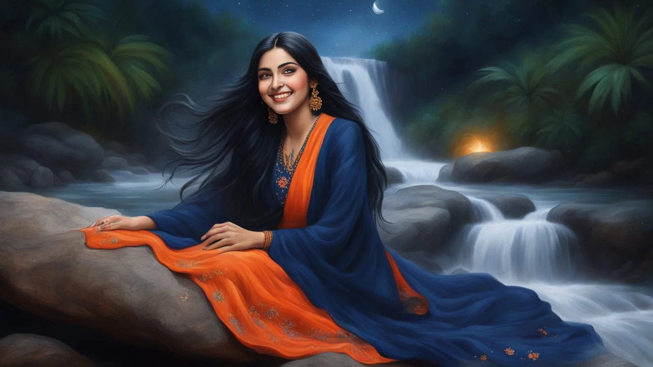 Hyper Realistic Photographic Close Face View Of A Beautiful Young Pashto Woman With Beautiful Long Black Hair Whirling, Wearing Beautiful Navy-Blue Frock With Orange Embroidery And Navy-Blue Dupatta Happily Sitting On a big-rock in the middle of River Water & Smiling, In A Jungle Riverside With Beautiful Waterfall From Mountain With Full Moon with Stars Along With Fireflies Around Her At Night Showing Dramatic And Cinematic Ambiance.