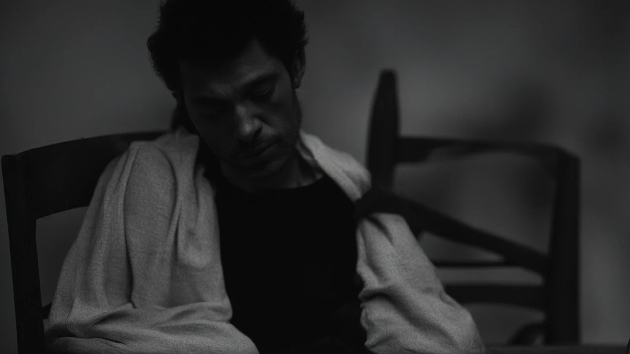 ، يظهر رجل جالس على كرسي في غرفة مظلمة. وجهه غير واضح، لكن يمكن رؤية عينيه مغمضتين. الرجل يرتدي ملابس سوداء،