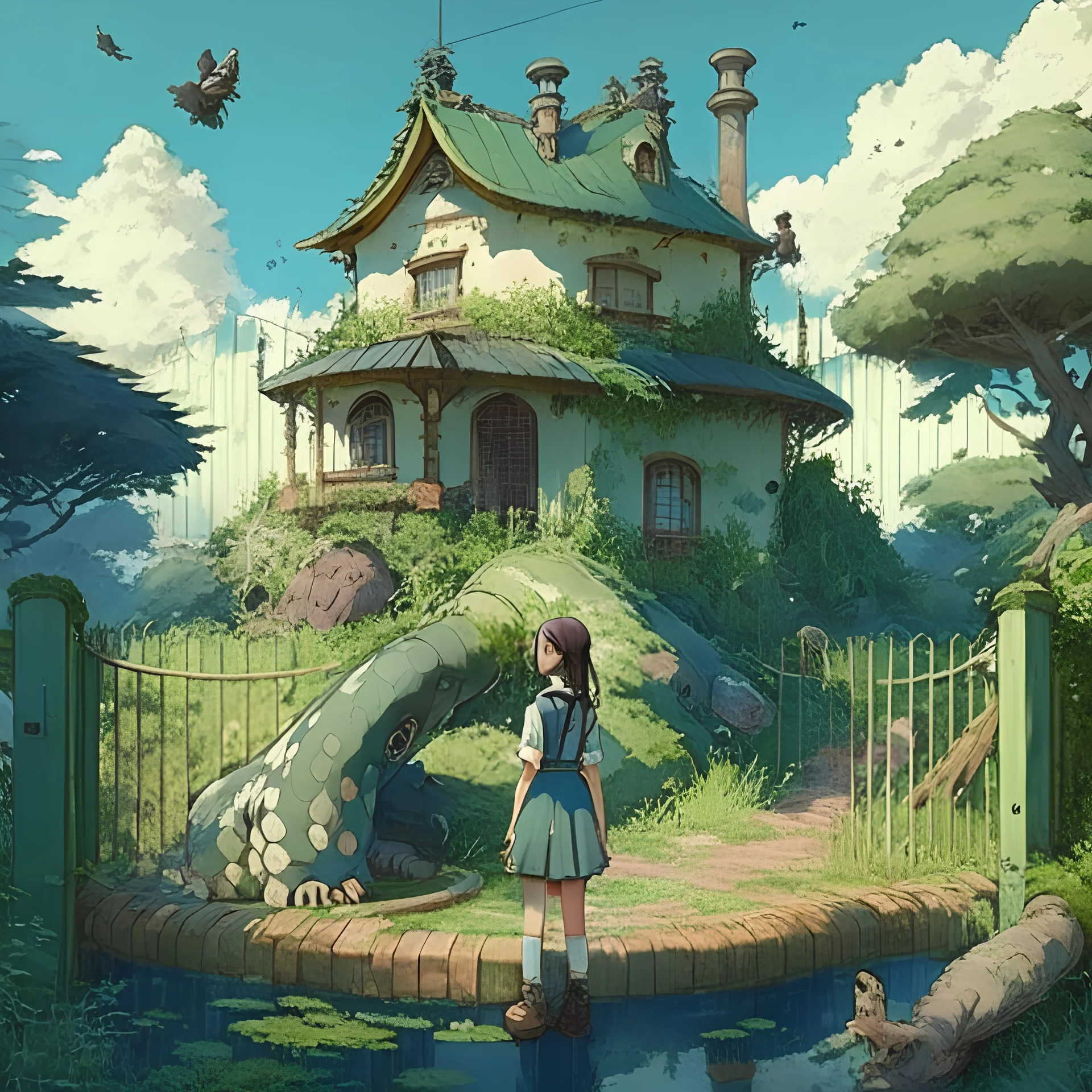 A studio ghibli kinda big house with garden, fence, water well, snake, girl wearing uniform, bear, landscape