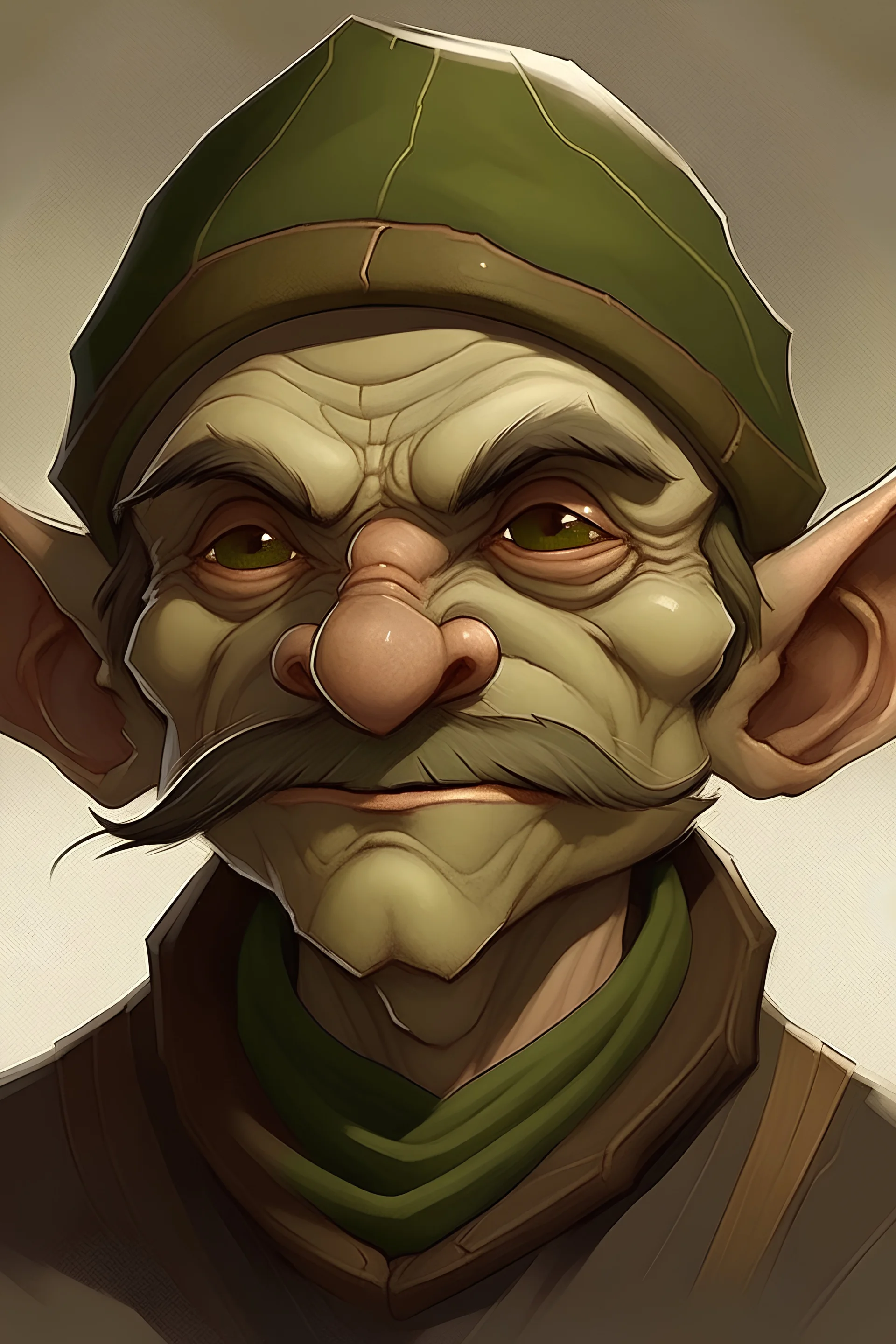 portrait of a young goblin with an old-timey mustache and wearing a flat wool cap