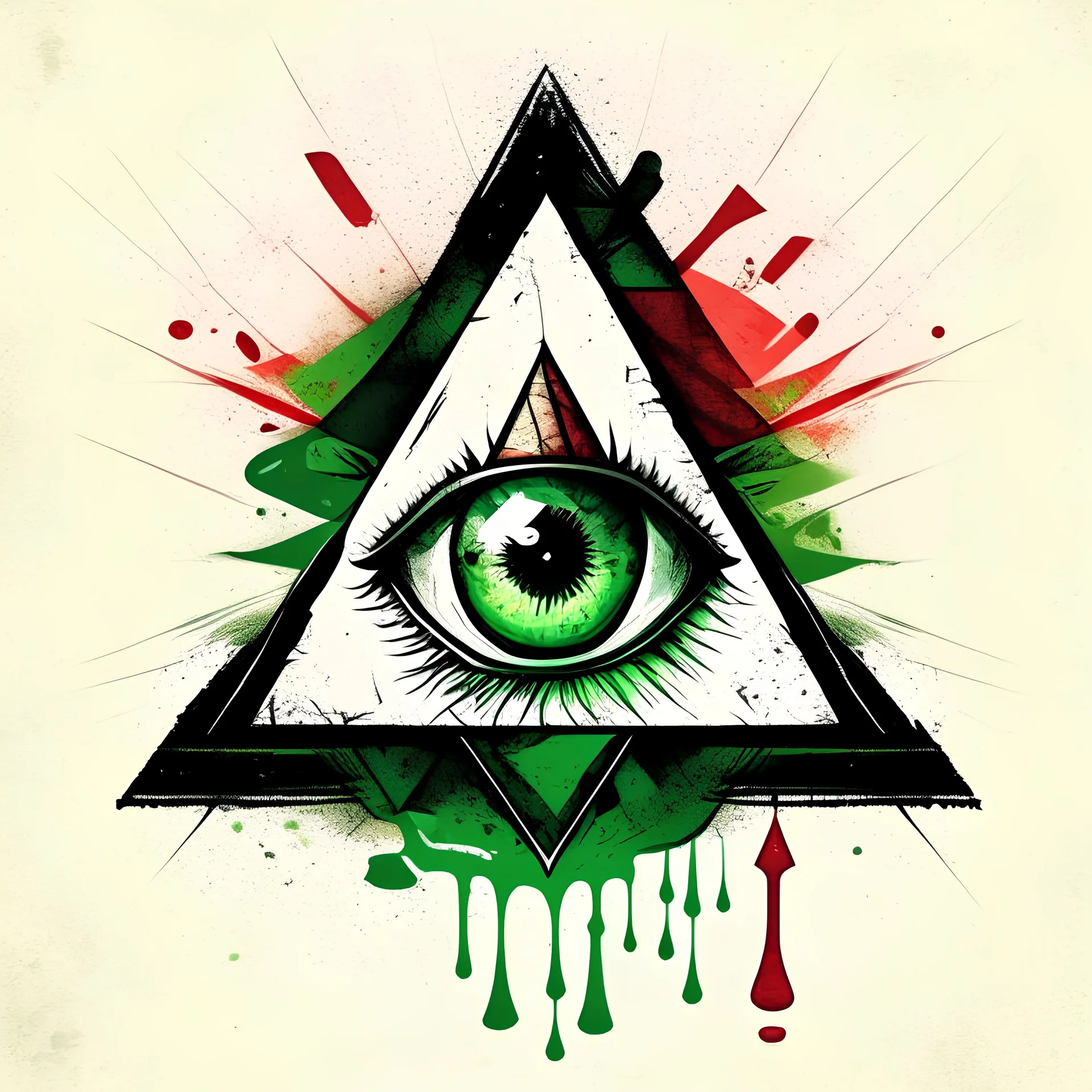 Create a logo of a triangle with an eye in the center illustrated in the style of the cover design of Red Dead Redemption 2, illustration with brushes and with green and white colors