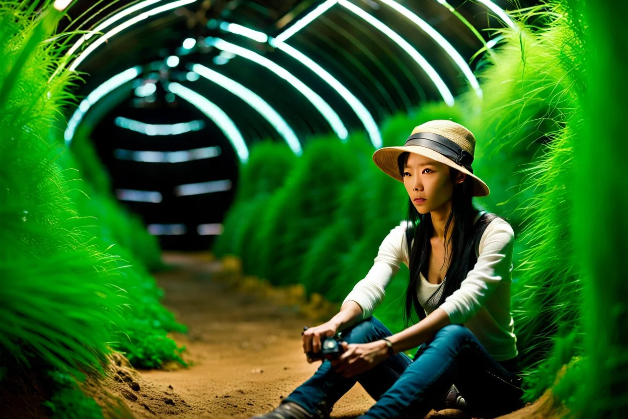 Unground solar punk tunnels, cinematic, extreme dof, dystopian, sci-fi, award-winning, Yui working hard in a long winding garden, National Geographic, breath taking, oxygen farm but outside is a desert, fantasy, magical