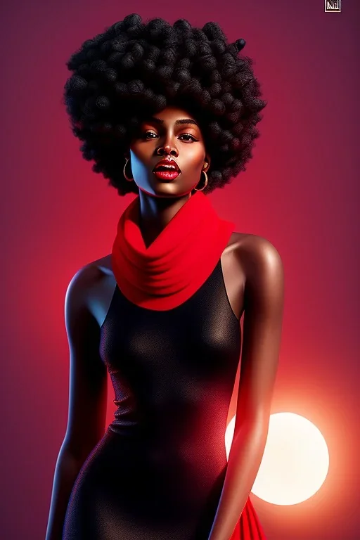 A portrait of a beautiful youthful black woman wearing a black skintight dress with a red scarf, wizard, magical, ethereal, Warm bright lighting. Concept art by wlop. Ultra quality 8k.