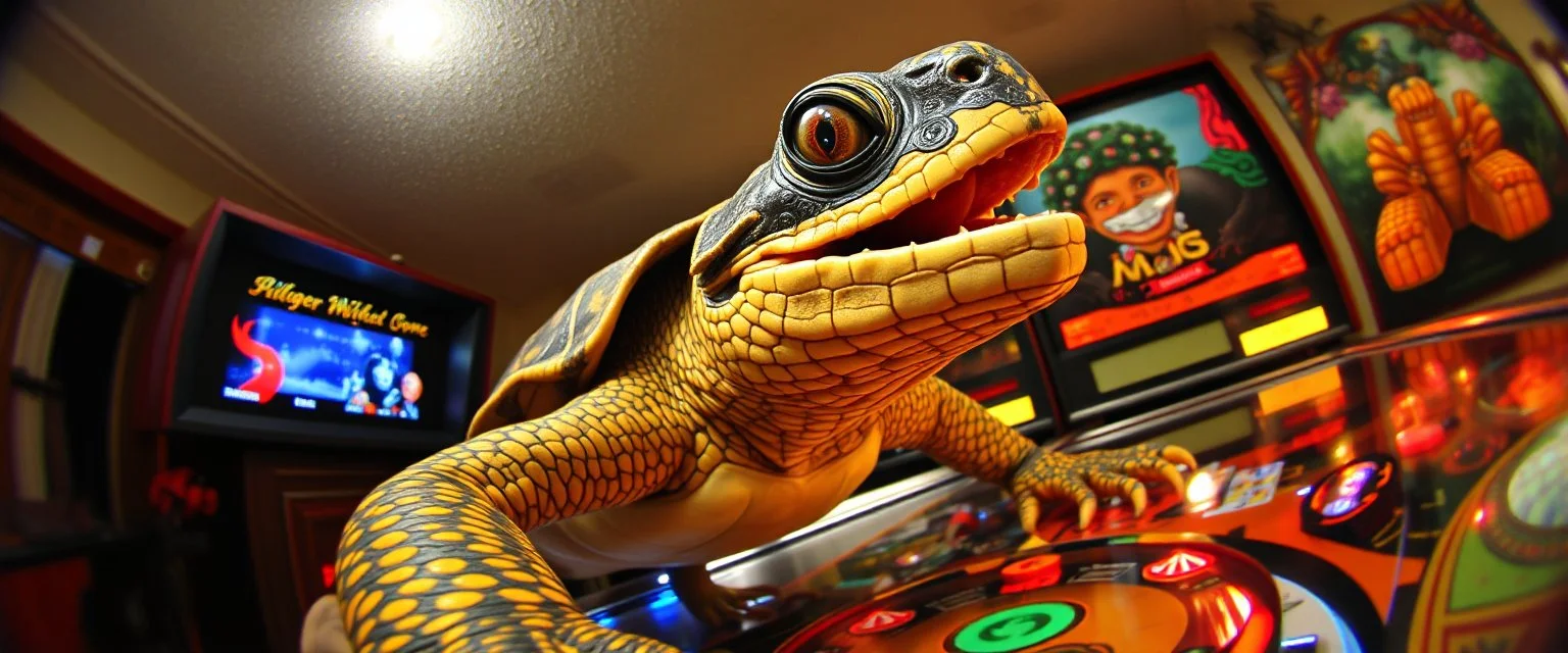 pinhole cam, master oil painting by Rembrandt, good afternoon bitch scary geek gecko dragon turtle, playing pinball