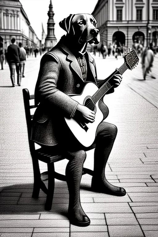 One single mature labrador, historic clothes, playing guitar in the street , Vienna, friendly, model style, hyper realistic, extremely accurate, delicate, extremely detailed, Graphic novel style, wide-angle, open aperture, superfine pencil