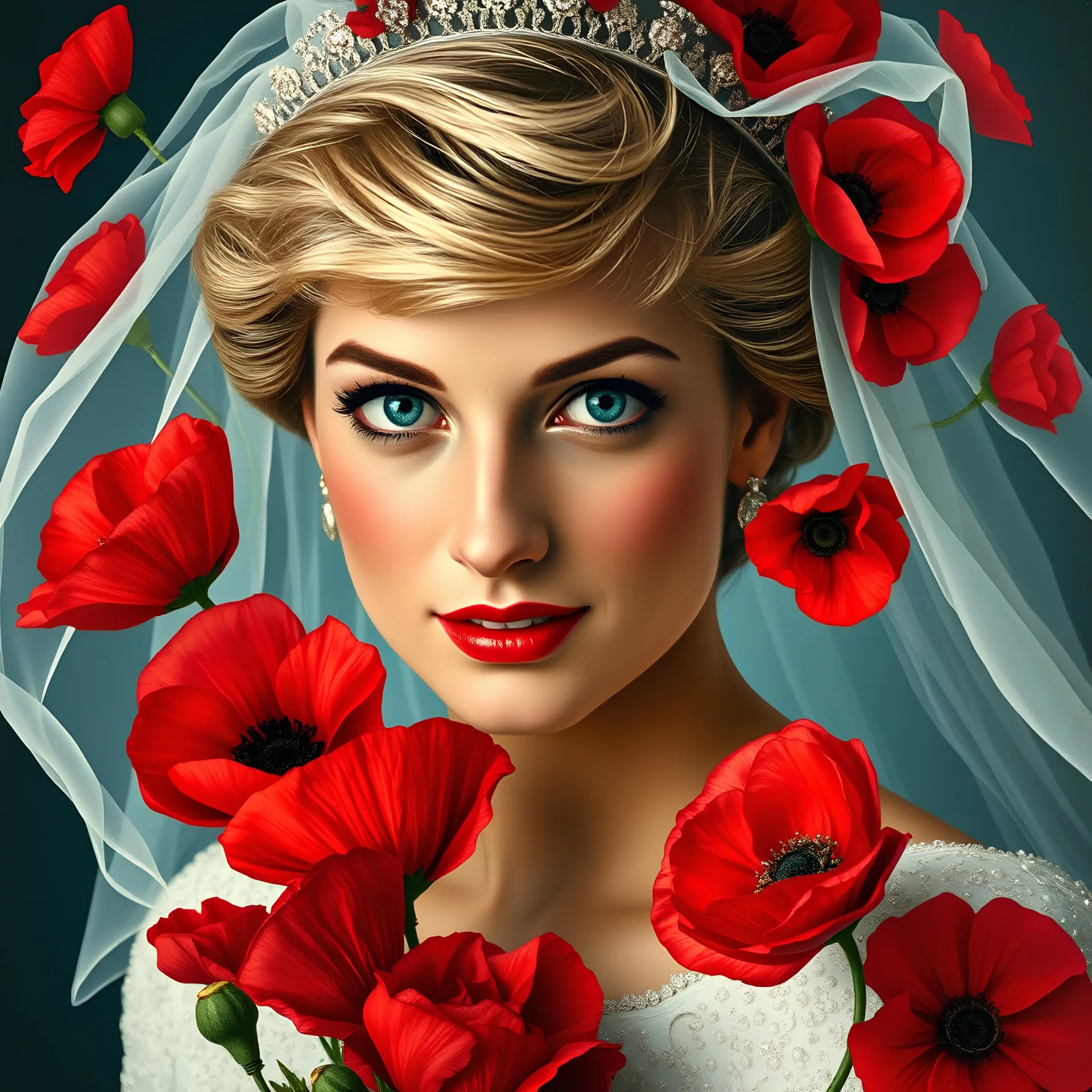 Modern art portrait of Princess Diana in her iconic 80s wedding dress and veil, highly detailed and realistic. Royal portrait style, opulant red poppy flowers envelop her in an abstract and gorgeous way, her mouth in a half smirk,her blue eyes have a look of mischief. mixed media, kilian eng, david mann, pop art, surrealism, in the style of Virgil Finlay