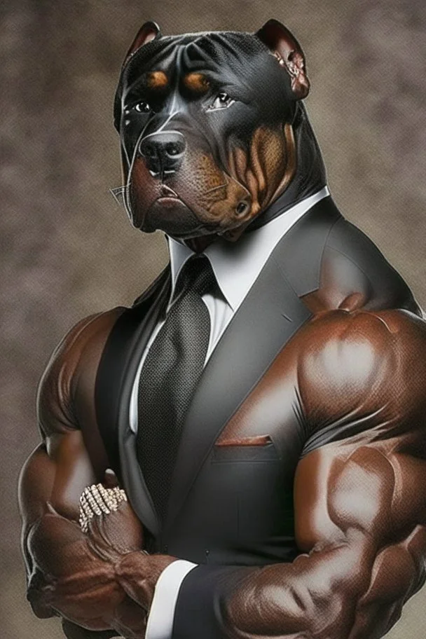 Bodybuilder Lee Haney with the face of a Rottweiler dog A dog's head instead of a person's head Only the player's body with a bulldog head on it He wears a luxurious black suit and holds a luxurious cigar The suit covers the body. In the mouth of the dog there is a luxurious Rottweiler dog head Remove the head