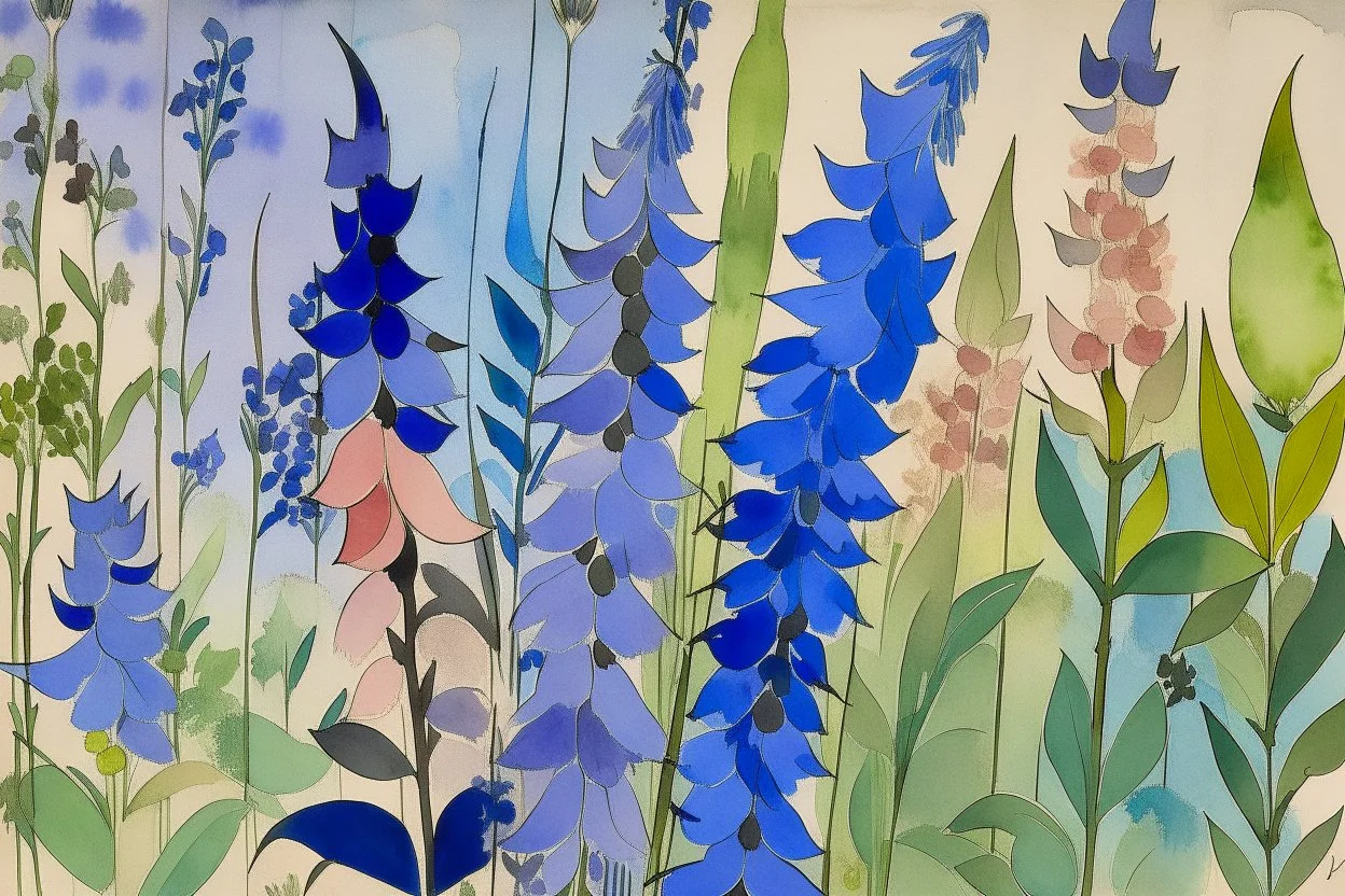 Watercolour of delphiniums in the style of Paul Klee