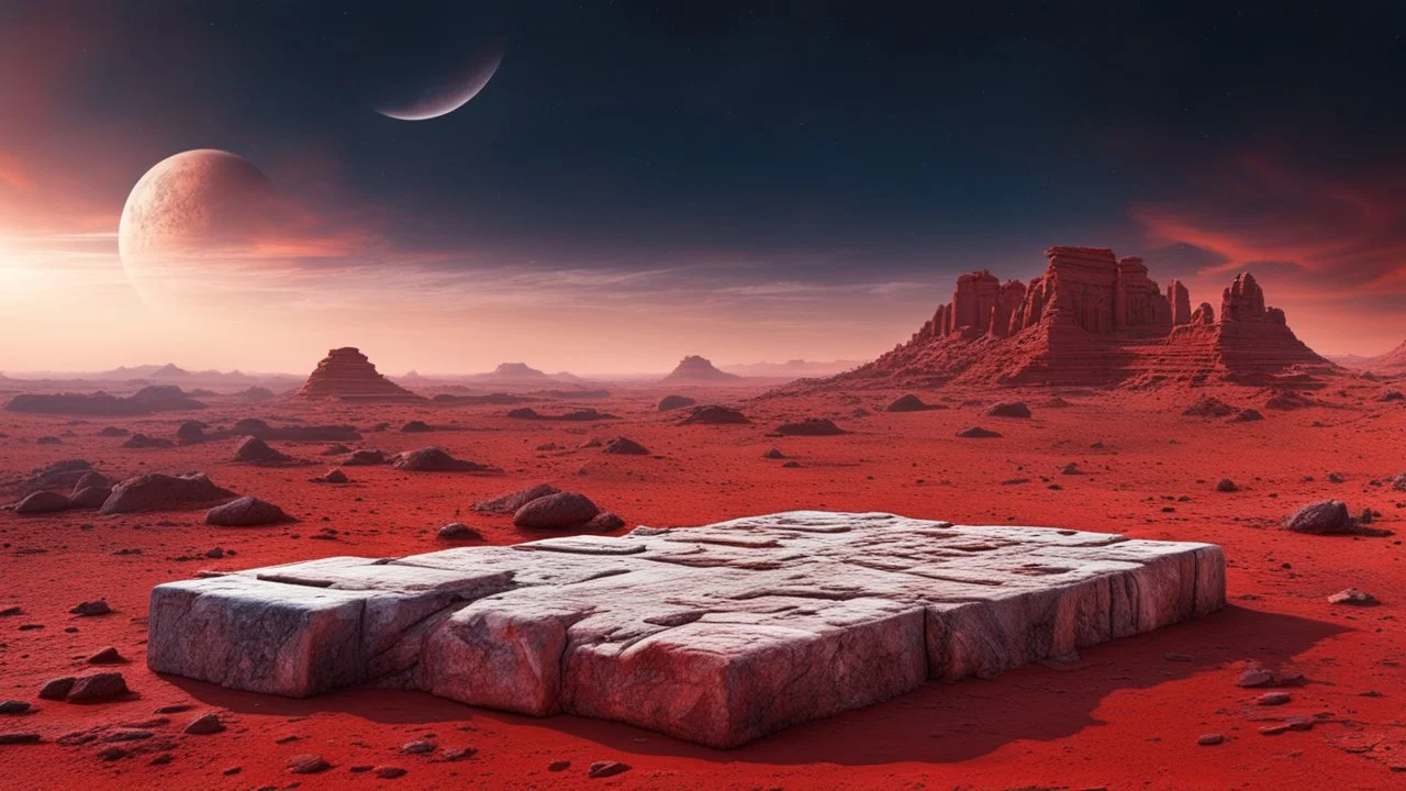 an ancient abstract nonfigurative statue with ancient signals from carved, polished marble blocks lies down on the red Mars planet, background ancient ruins, strange psychedelic sky, cold colors, mystic ancient art, very detailed, cinematic, sharp focus, sci-fi style, utopistic, surreal, psychedelic fantasy