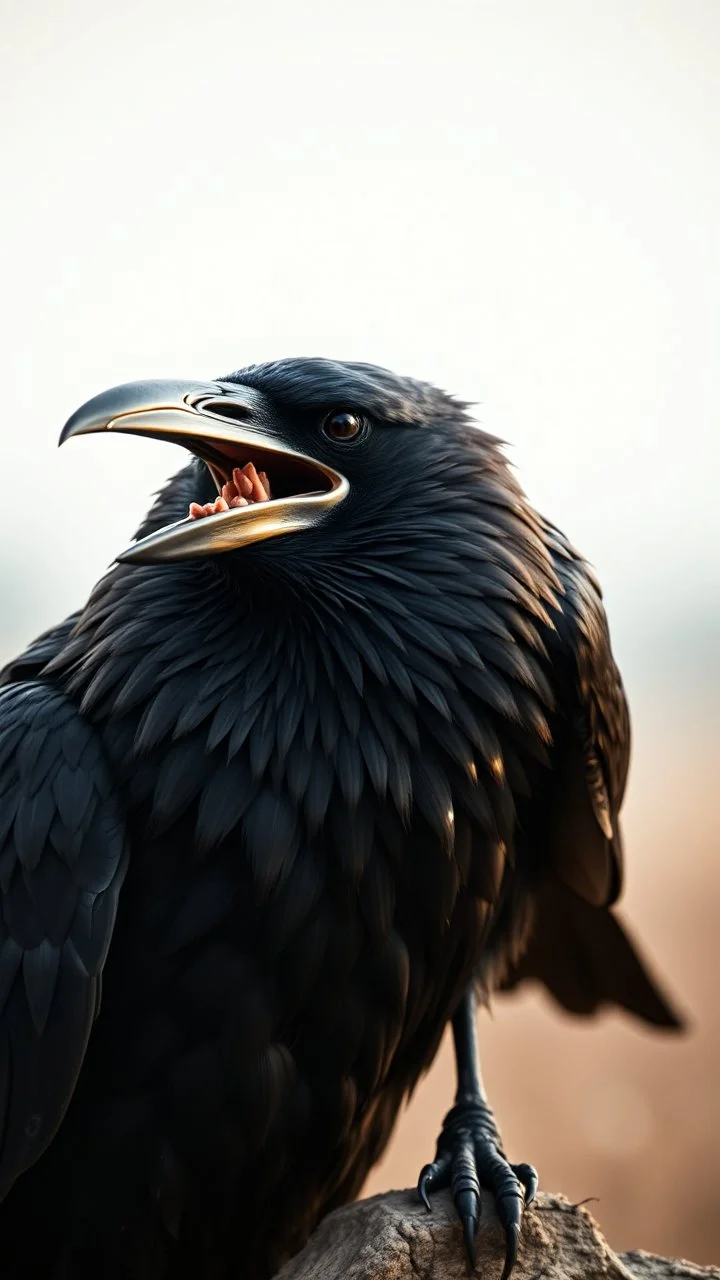 a crow hold in his mouth a warm realistic , pro photography , high quality, and cinematic scene