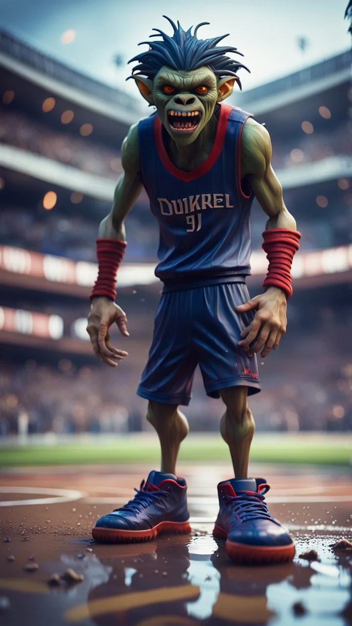 full figure portrait of a giant dunking basket player vampire werewolf goblin gremlin with soccer boots on wet soil in front of dome court, in the style of Gorillaz,bokeh like f/0.8, tilt-shift lens 8k, high detail, smooth render, down-light, unreal engine, prize winning