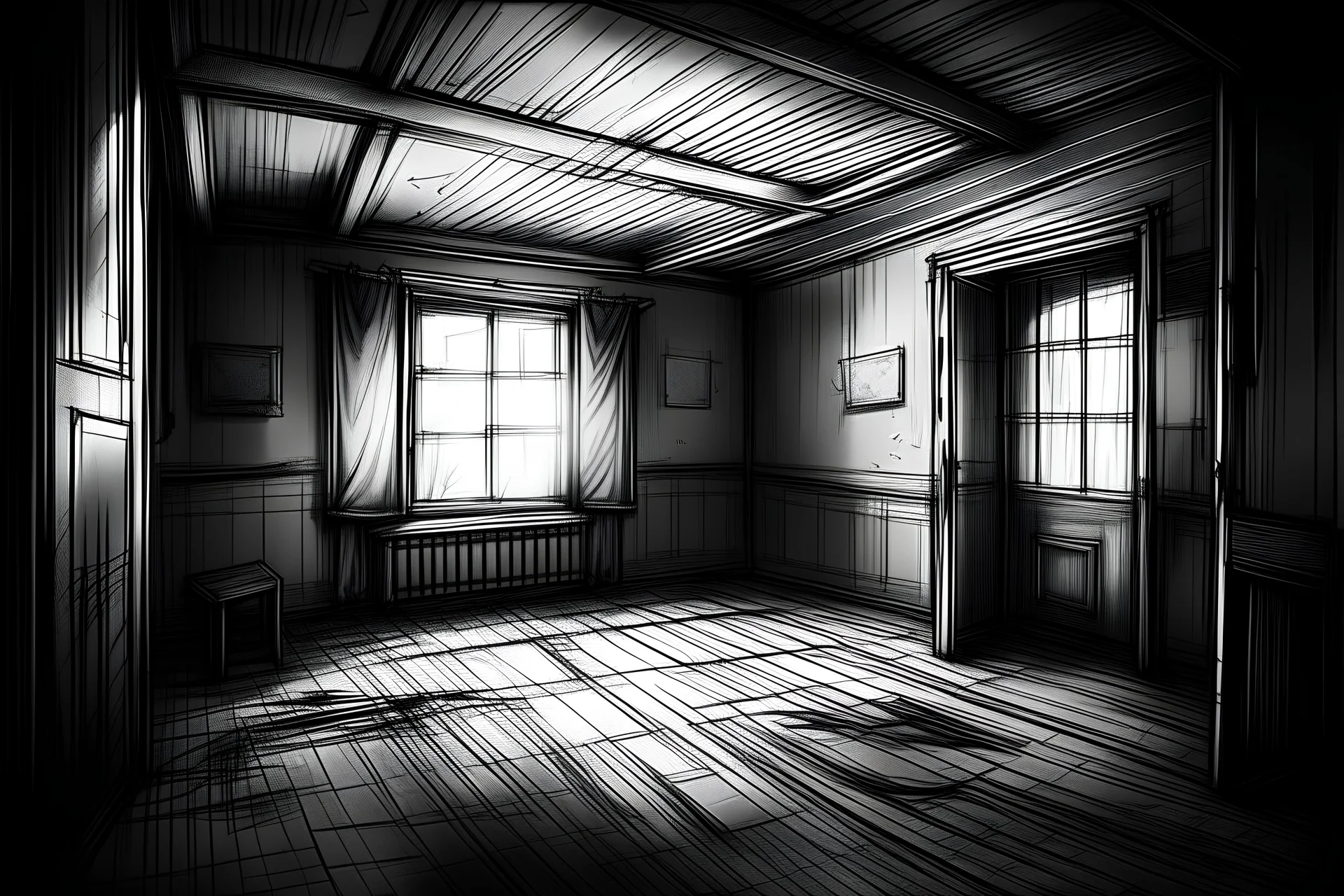 sketch a scary dark empty room with out doors and with out windows