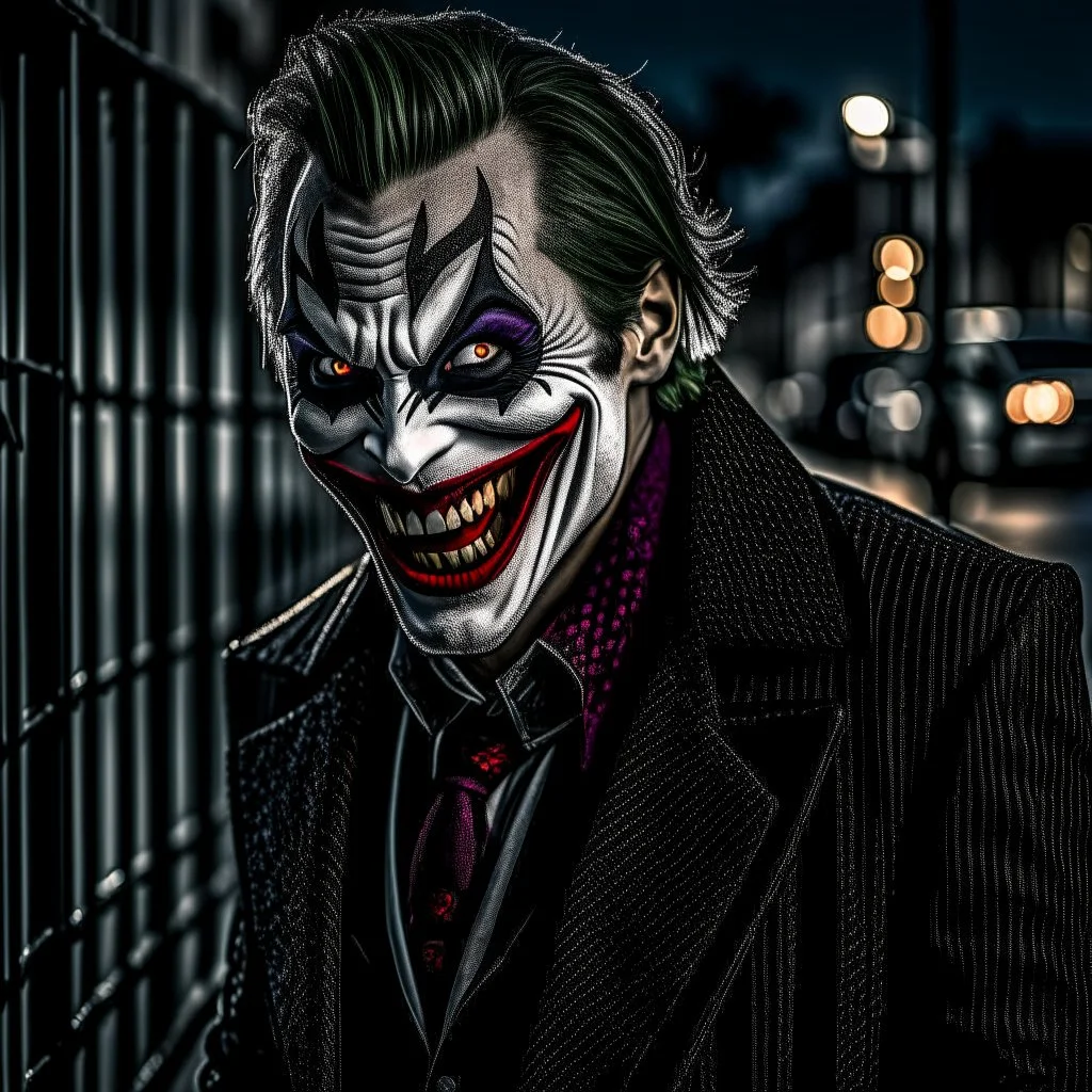 DEhybrid of (the joker:carnage:0. 1), sharp fangs, wide grin, grungy background street, moody lighting, shadows on left, torn jacket