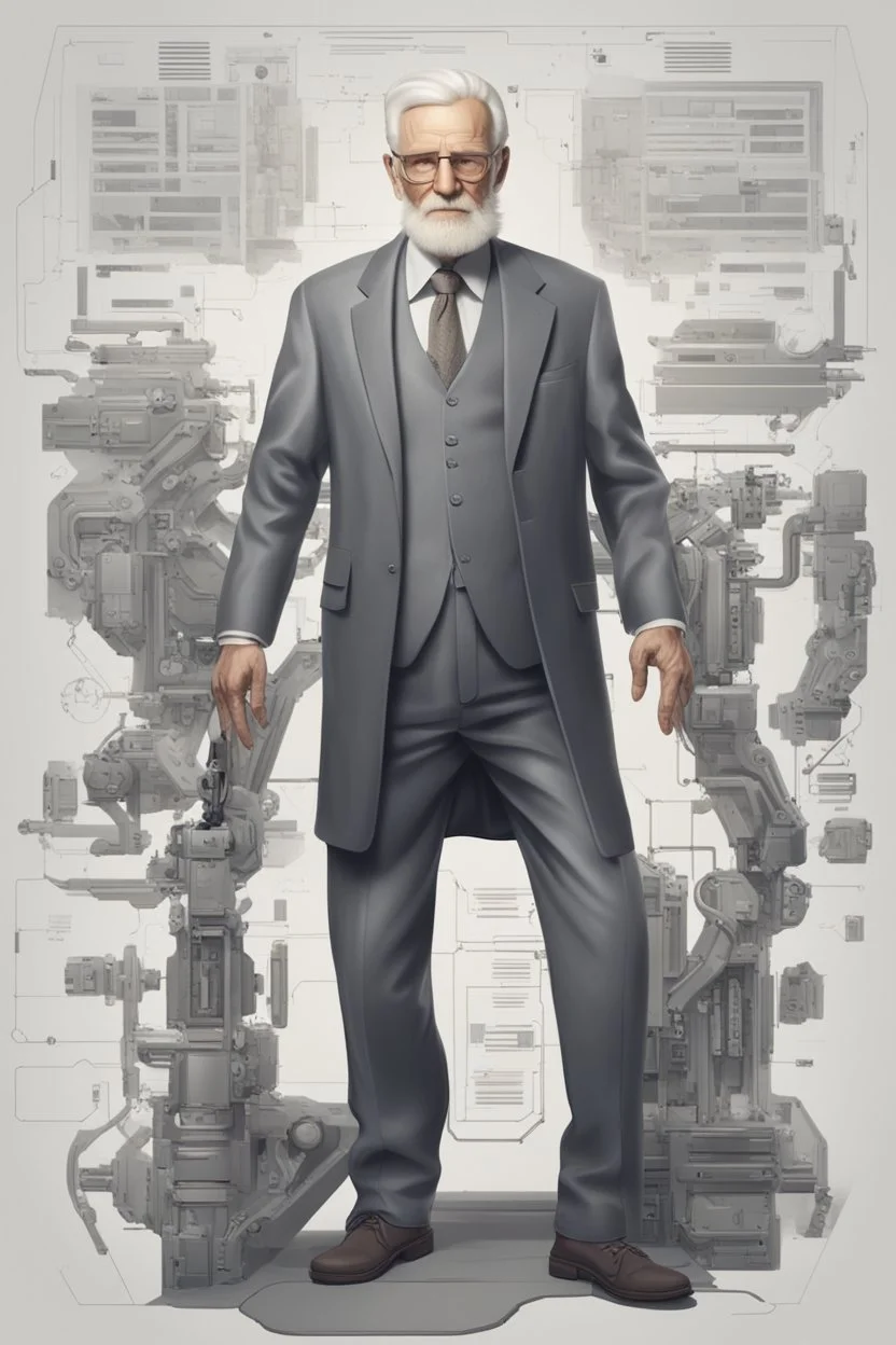 A full body portrait of a powerful old man. HIgh tech future