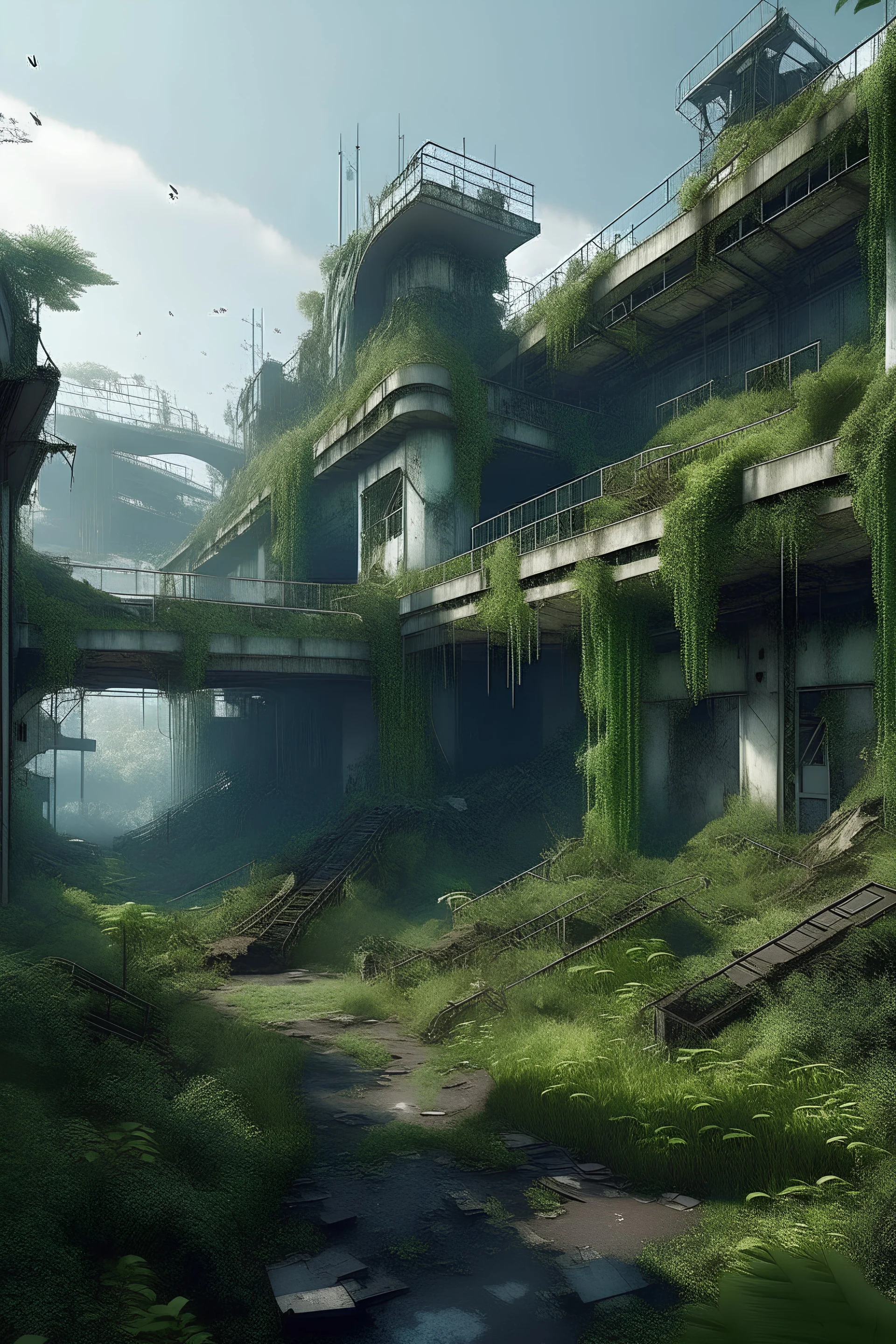 a forgotten and abandoned epic overgrown world inhabited by maintenance robots