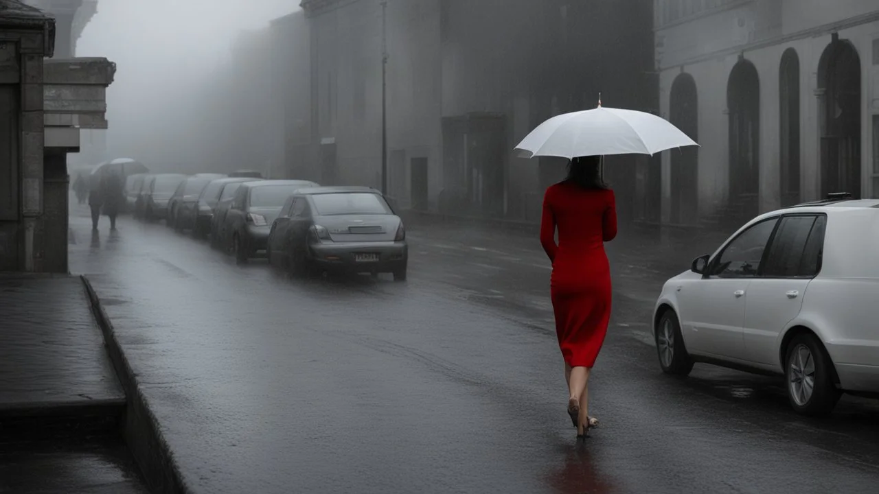 A woman seen from behind in a red dress and a white umbrella walks down the street on a rainy, foggy day