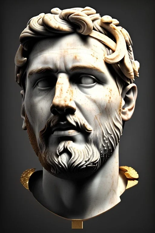 Ultra Realistic image, Roman sculpture bust, clean white marble material, Lionel Messi, gold Laurel leaves wreath, renaissance ornaments, one gold star, blue sky background, waist up portrait, emperor style, epic, celestial, cinematic lighting, god light, 4k resolution, smooth details, ornate details, soft lighting, unreal engine 5, art station, substance 3d, art concept.