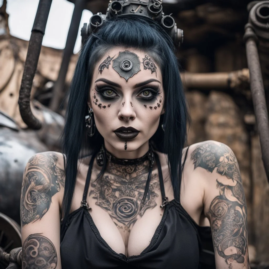 Closeup tall girl goth many tattoos on his face with big eyes, ragged clothes, sit pose,fullbody, dieselpunk, valves and old cars behind, the perspective looking up from the bottom of an empty well , 8k,macro photography,