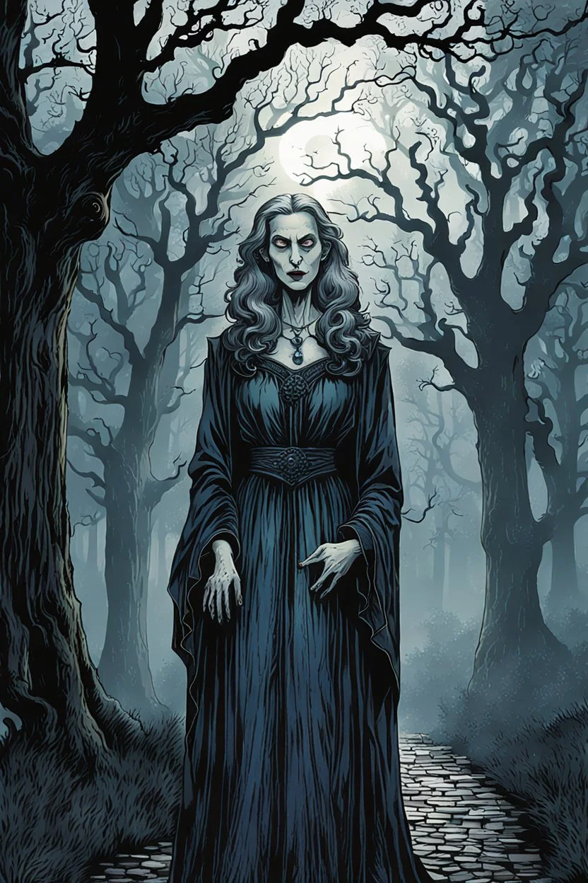 create a fine art print illustration of the spectral shade of an aged, emaciated 13th century Jewish female vampire clothed in an ornate but ragged bliaud with highly detailed feminine facial features, surrounded by ancient oak trees, in the old city of Krakow, shrouded in a fetid mist at midnight , in the comic book art style of Bill Sienkiewicz, and Jean Giraud Moebius, finely textured, drawn, colored, and inked