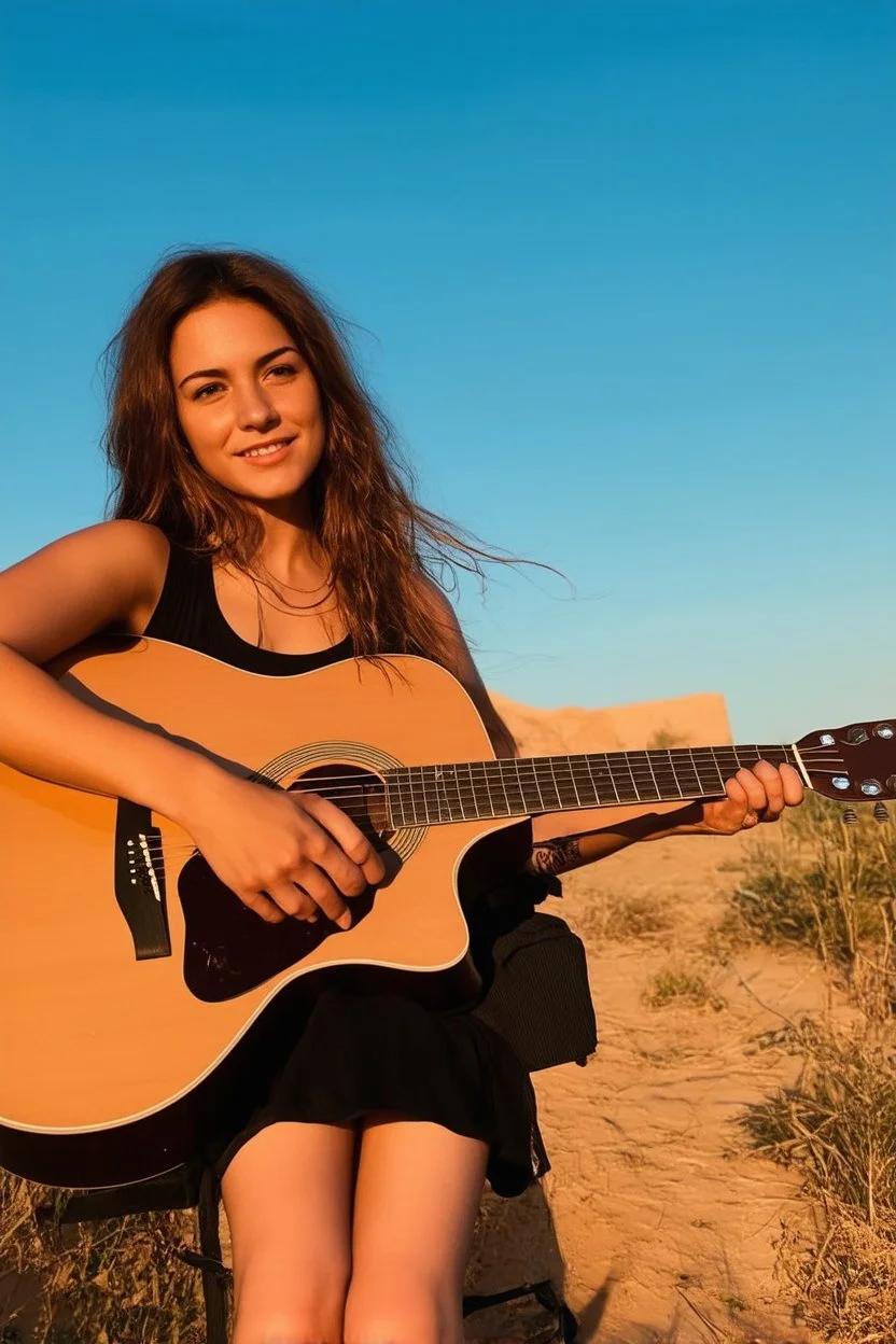 beautiful woman playing acoustic guitar in mid west