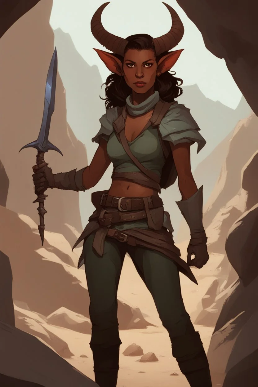 A DnD character. A female horned Tiefling ranger with pointy ears standing in a cave. The Tiefling has a little pterosaurs on her shoulder and a rapier in her hand.