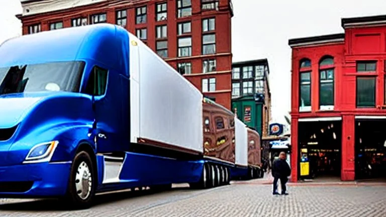 A Tesla semi-truck is parked, at the 'Pike Place Market', in Seattle. CINEMATIC. WIDE ANGLE LENS. PHOTO REAL.