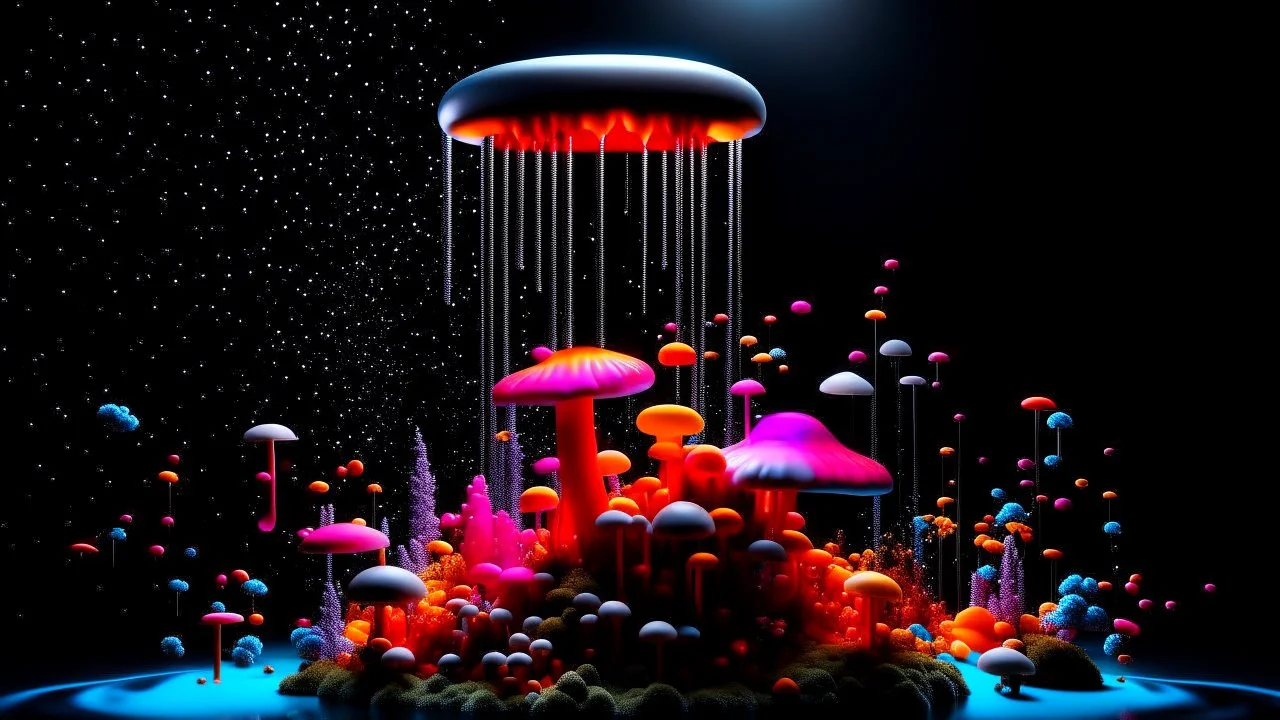 Exotic Flora, fauna, mushrooms, fungi and coral dripping black liquid in a Multiverse background