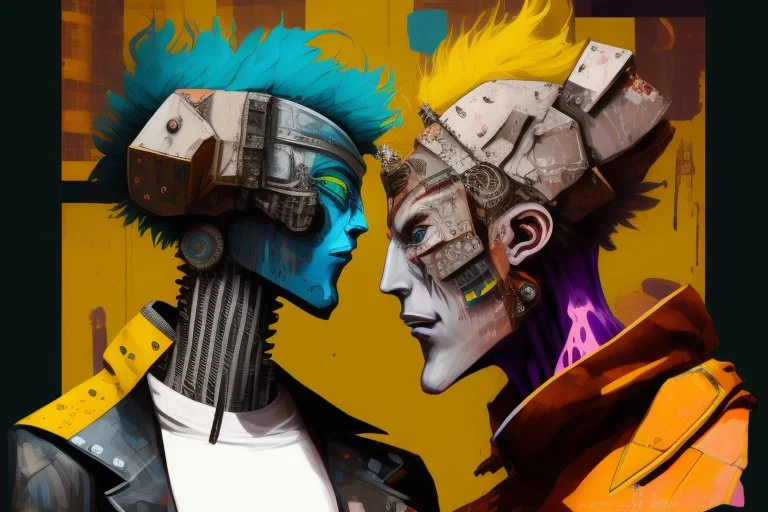 whimsical arafed nonsense, patchwork vibe, (((side view))) two arafed cyberlords fighting each other in a rainy whimsical downtown street with extreme body action and with (((exaggerated body parts))), (((oversize head))), sharp color contrasts, amazing shadows, (((exaggerated limbs and head))), minimal cozy, warm palette, bright bold warm summer colors with yellow orange black colors, color leak, heavily distorted views, amazing parallels, extreme urban decay