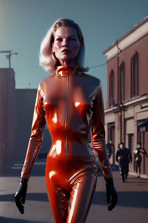 retro sci-fi press image from 1960, supermarket explosions, people running, sweet young Kate moss walking, tight latex suit, weapon, soft color, highly detailed, unreal engine 5, ray tracing, RTX, lumen lighting, ultra detail, volumetric lighting, 3d, finely drawn, high definition, high resolution.