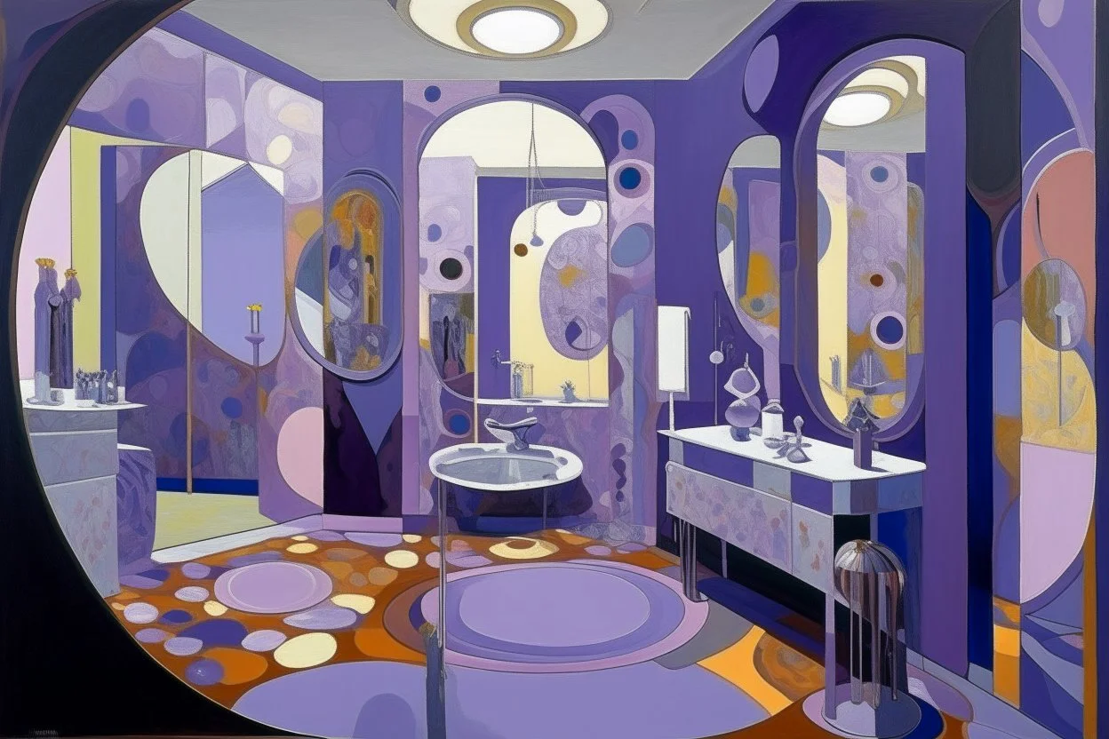 A light purple realm with magical mirrors designed in Australian aboriginal art painted by Lyonel Charles Feininger