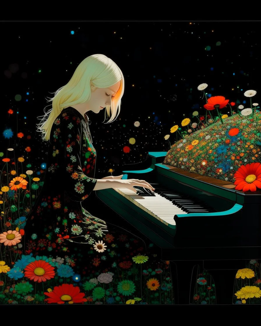 "Midnight Serenade unique" low view angle shot down wild flowers field , large close up a beautiful young blonde woman with a black hooded dress , wearing a cool black hooded calike rocker style and playing the piano granite terrazzo motifs with puzzle modern clothing is decorated with colorful filigree abstract, Collage chutes papiers magazines,Spirograph background by Nisa Kiley, Textile Artist