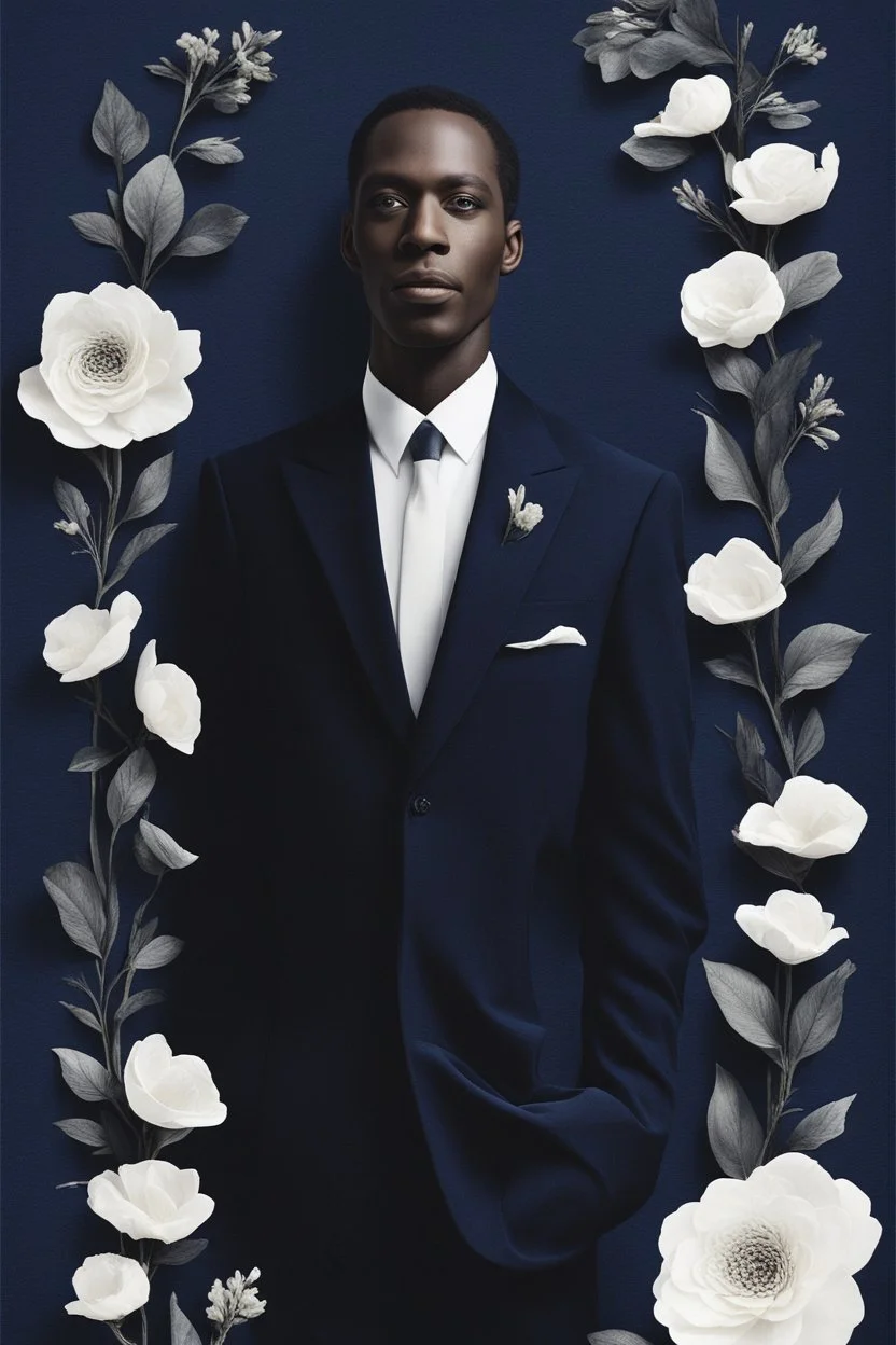 An extremely formal, funeral program for a black man on darkest blue deeply pigmented velvet paper with brilliant, brightest heavy white fonts, simple, minimalistic, less element, very dramatic lighting, detailed, white flowers,