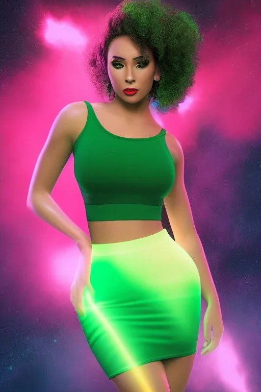 Full body portrait, painting, medium shot lady Spacecore volumetric nuclear waste glow skin-tight crop top and volumetric nuclear waste glow skin-tight miniskirt