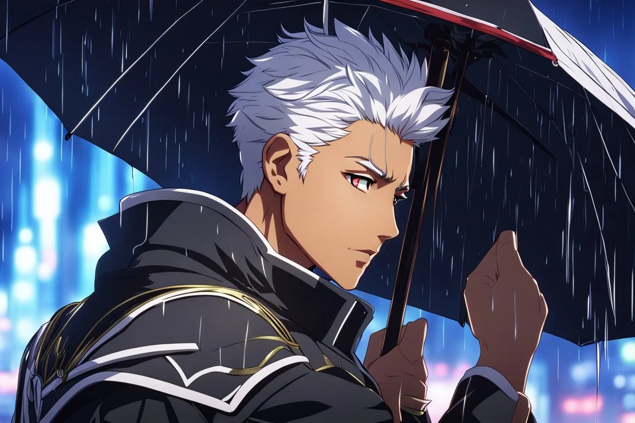 Shirou with black skin and white hair in 8k anime fate stay night drawing style, archer them, archer custom, close picture, rain, neon, intricate details, highly detailed, high details, detailed portrait, masterpiece,ultra detailed, ultra quality