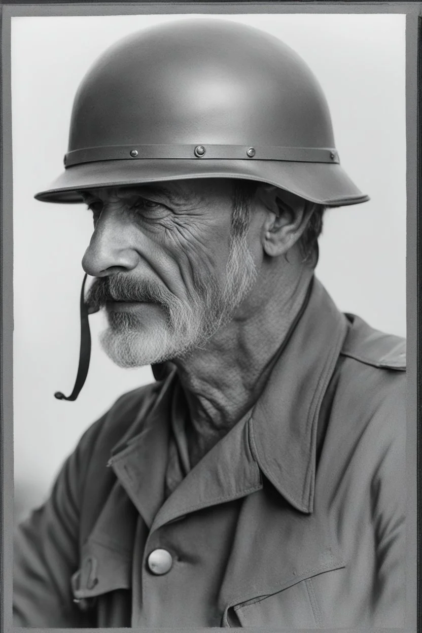 3/4 side view, head to waist image, professional quality photograph, a physically fit, extremely muscular, athletic, middle-aged man, Jay Garrick, with broad shoulders and massive arms, short, graying hair and a goatee, dark eyes, large, curved nose, and a square jawline, wearing a silver metal world war I Military hard hat with a flat brim all around it and gold lightning bolts on either side, and a (((long-sleeved))), red, cotton, pullover shirt with lightning on the chest, blue skinny jeans,