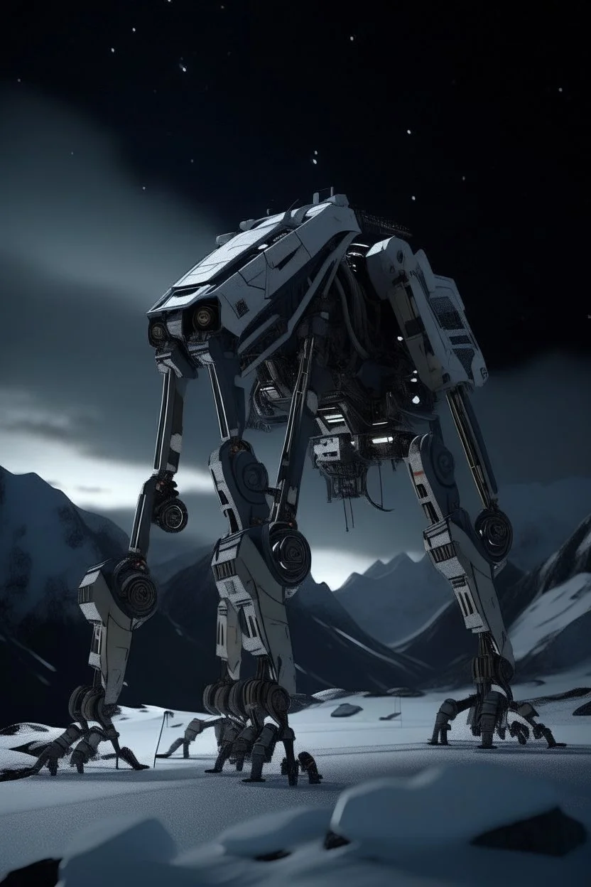 I want an image of a eight legged mechanical walker mech scaling the side of mout everest at night, it has a smooth surface, it has storage pods on its belly human can fit in the pods, it is covered with camera arrays