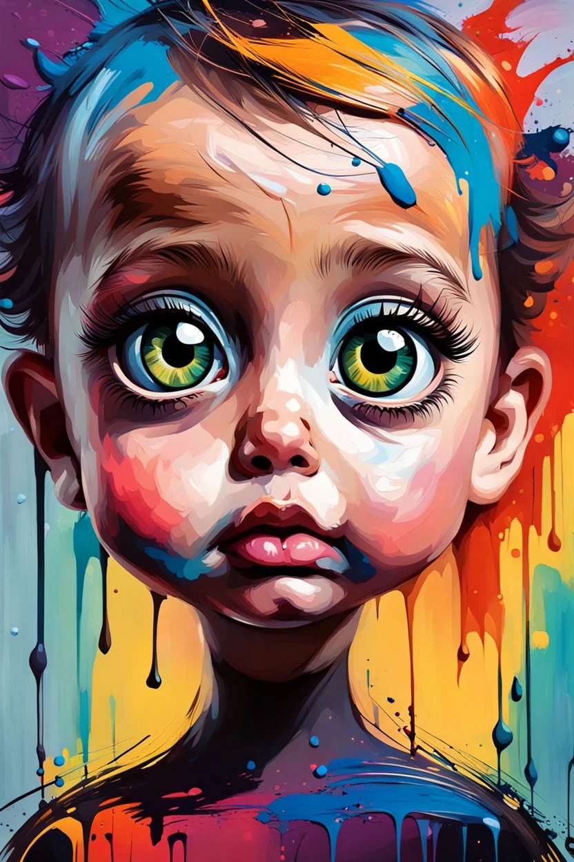 Busch paint style Abstract mean baby look with weird big eyes look to the camera portrait in flat oil colors