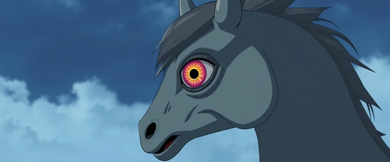 cyclope monster horse with just one eye in the middle, ghibli style