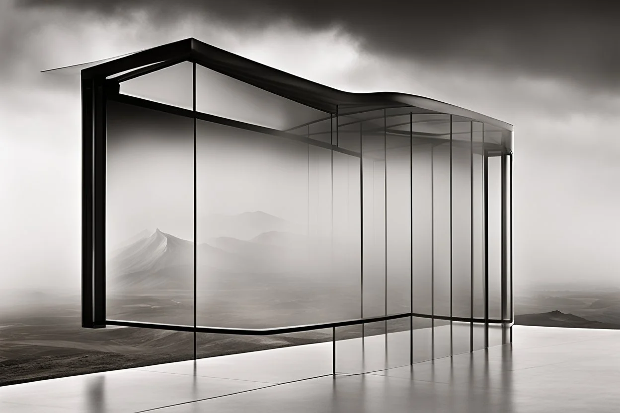 a surreal open glass gate in a glass wall with a view of a desolate landscape, fog, storm, infrared filter, strong contrasts, by artist "Leonora Carrington",by artist "Zaha Hadid""