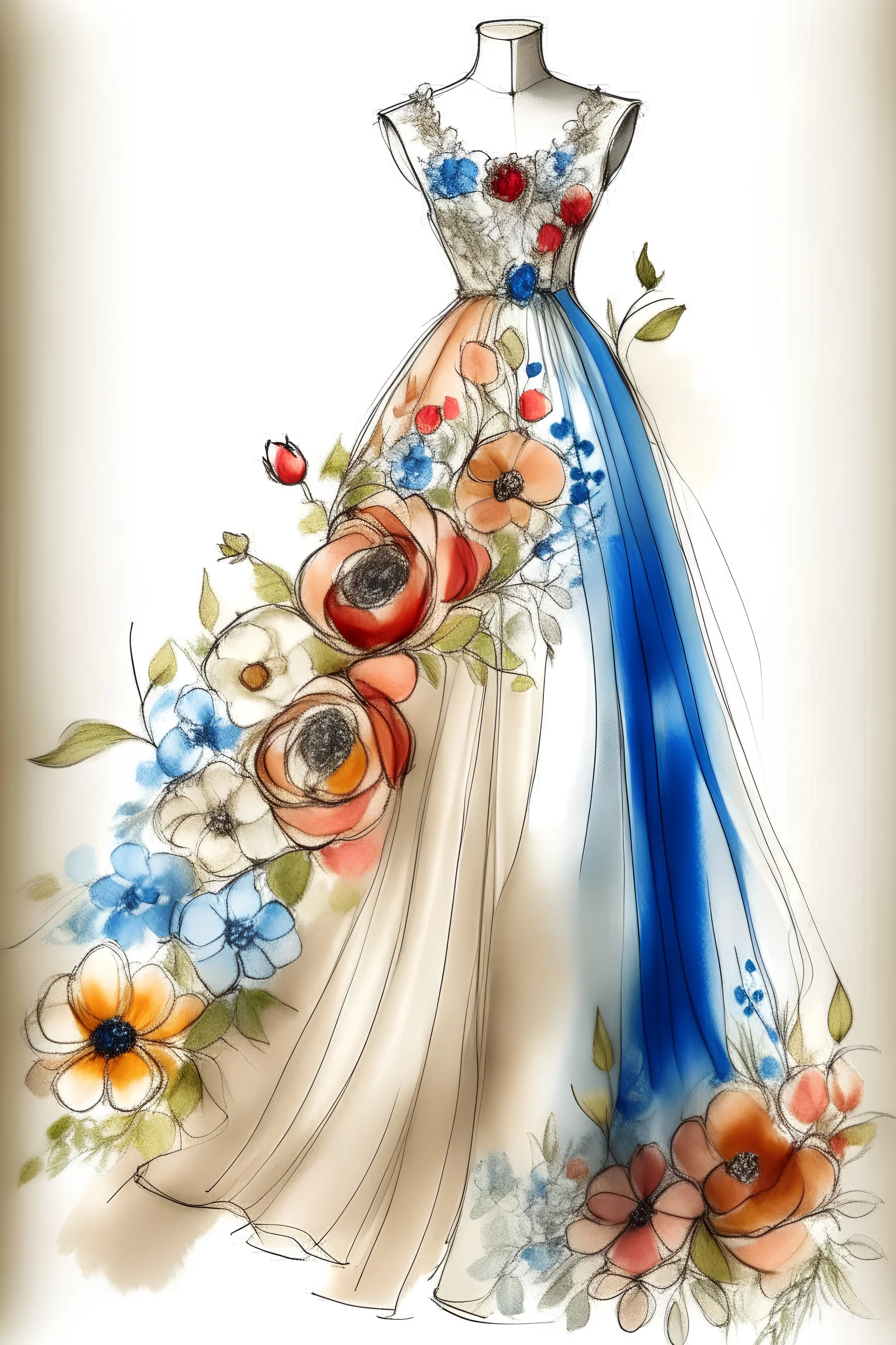 Sketch of a dress with flowers