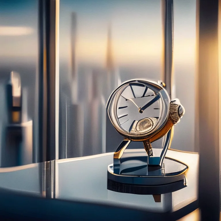 very close up of a big luxury wrist watch stands on table in balcony skyscraper camera looks at modern city environment reflected image i n watch plate